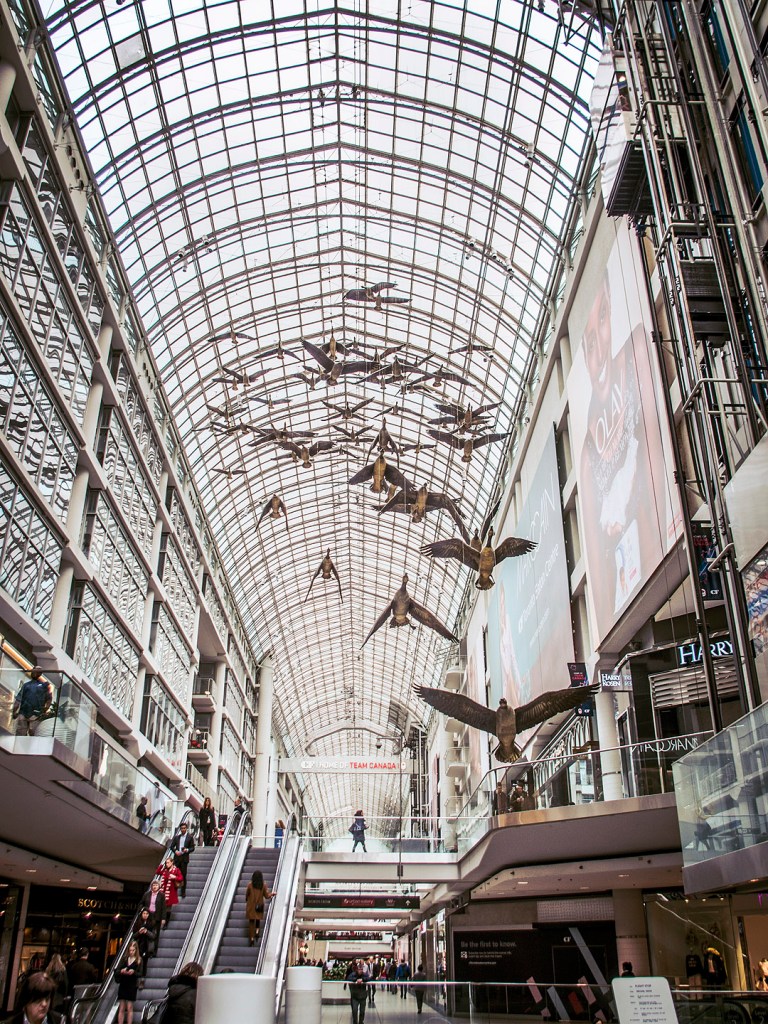 The 'Flight Stop' art installation in the Eaton Centre in Toronto