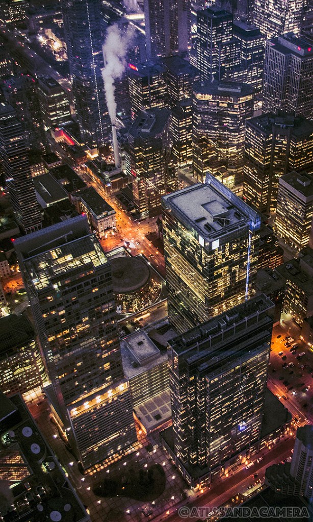 Night view of Toronto's streets and skyscrapers from the CN Tower