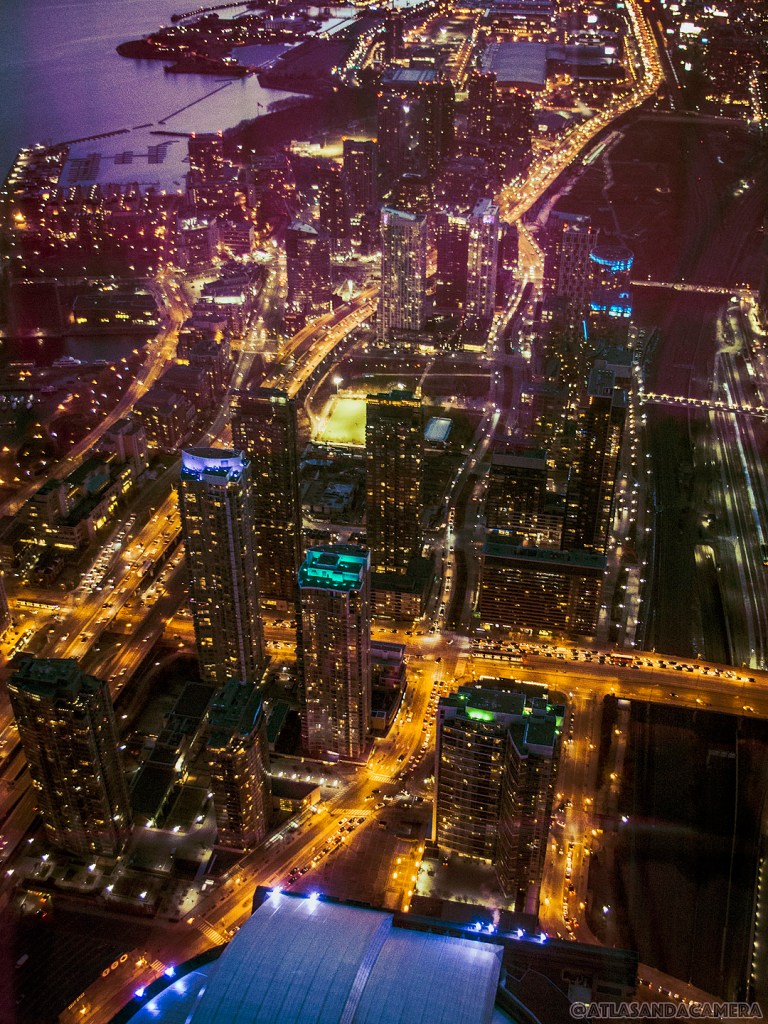 Night view of Toronto's streets and skyscrapers from the CN Tower