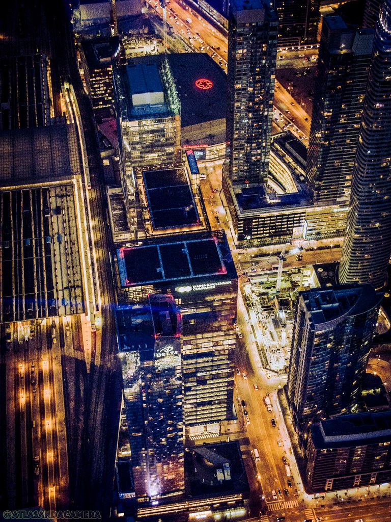 Night view of Toronto's streets and skyscrapers from the CN Tower