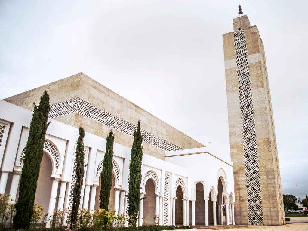 The minaret of Sheikh Zayed Mosque in Salé, Morocco.