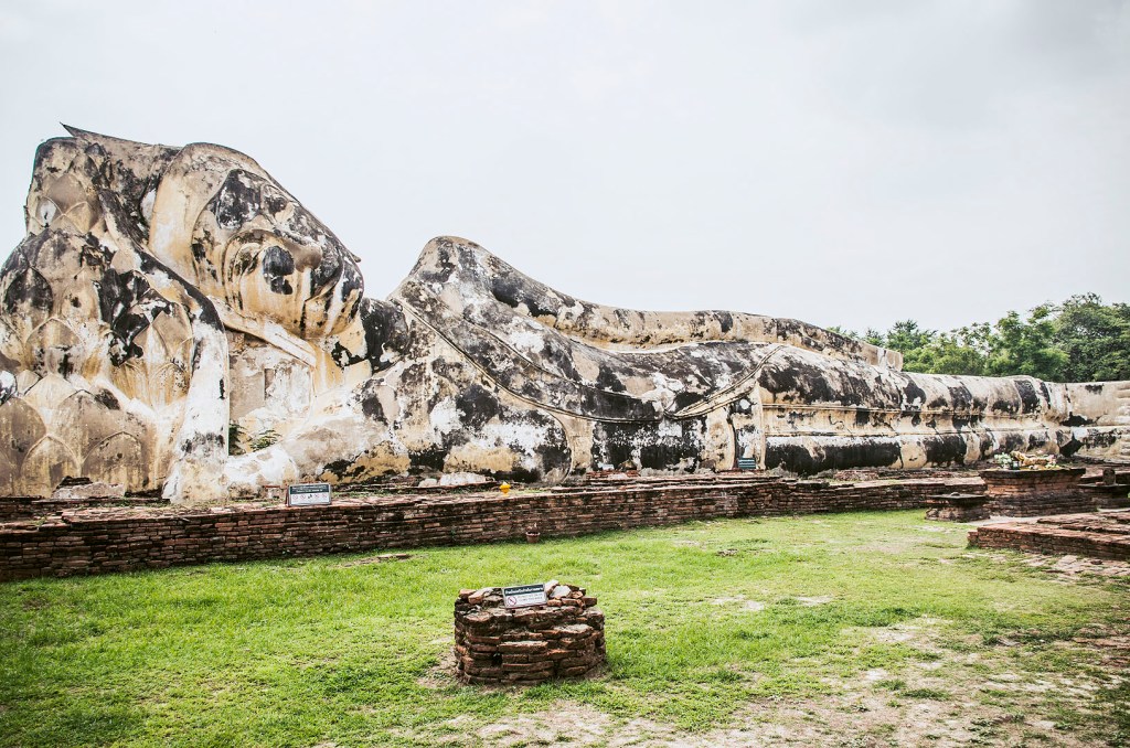 The 42 metre-long reclining Buddha statue at Wat Lokaya Sutha in Ayutthaya, Thailand