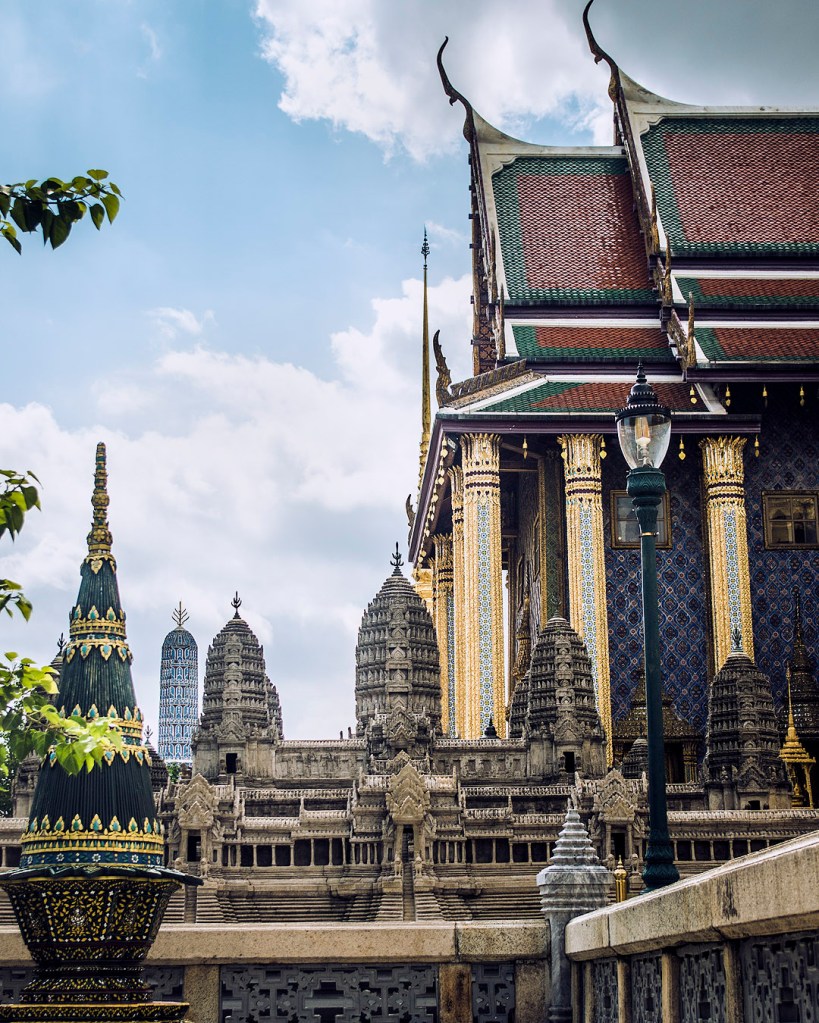 A model of Angkor Wat in front of the Royal Pantheon in the Grand Palace complex in Bangkok, Thailand.