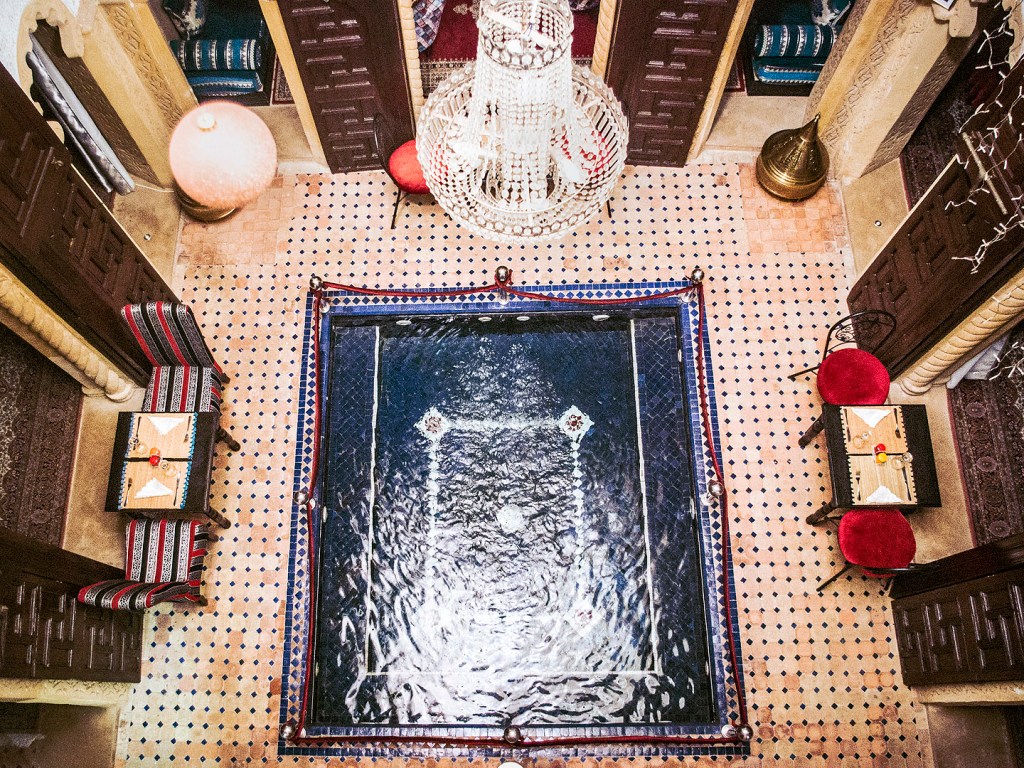 Looking down at a pool in a riad in Salé, Morocco.