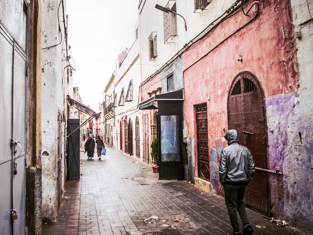 Colourful buildings on a street in Salé, Morocco.