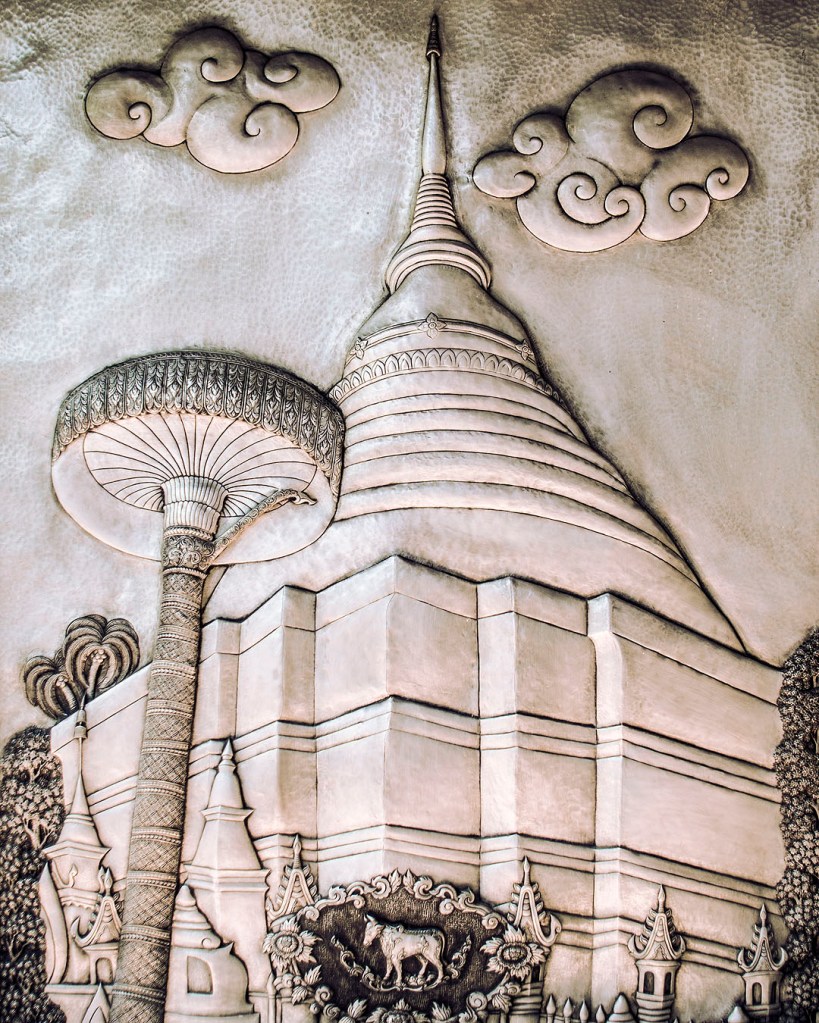Silver carving of a chedi at Wat Muen San.