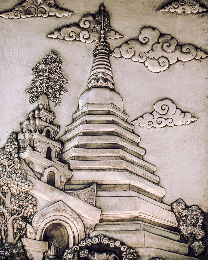 Silver carving of a chedi at Wat Muen San.