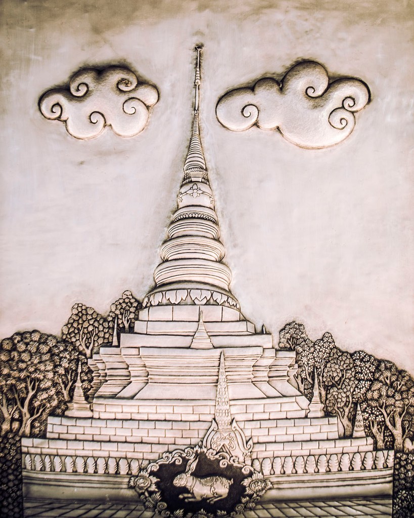 Silver carving of a chedi at Wat Muen San.