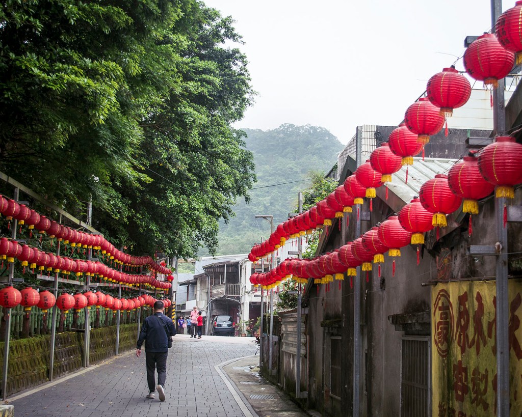 Red lanterns leading to a temple in Shifen.
