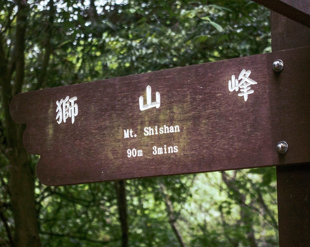 A sign pointing to the Lion Mountain peak.