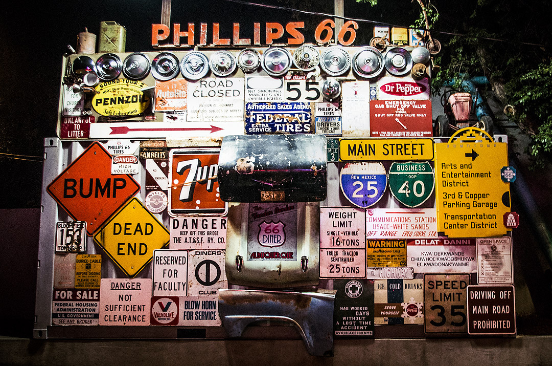 Colourful road signs on a wall at Phillips 66 Diner in Albuquerque.
