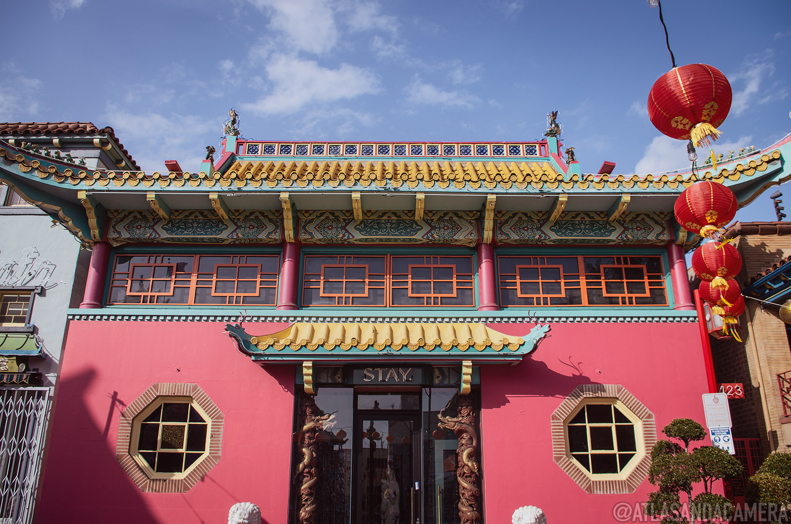 A pink Shanghai-inspired building in Chinatown in Los Angeles.
