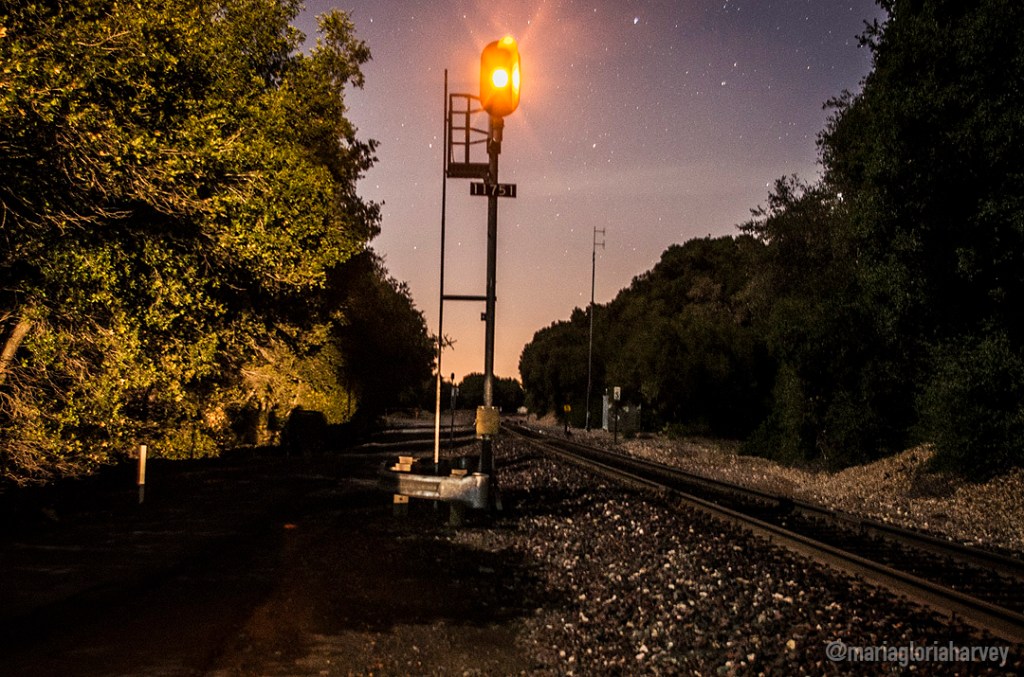 An amber railway light glowing beside the train tracks between wooded hills at Christie Road at night.